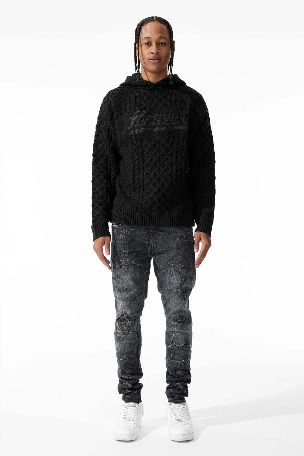 Cable Knit Hooded Sweater (Black) - Image 4