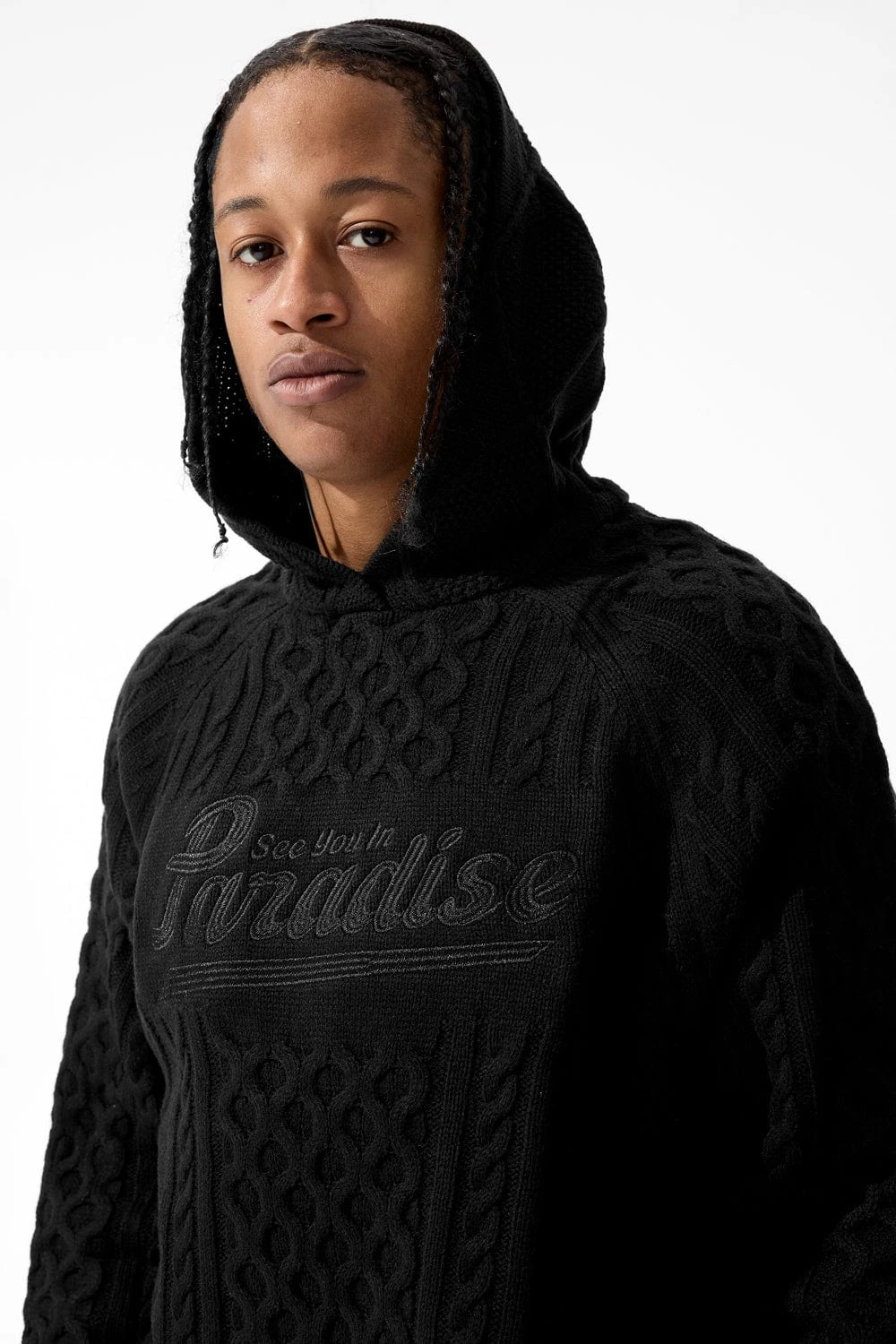 Cable Knit Hooded Sweater (Black) - Image 2