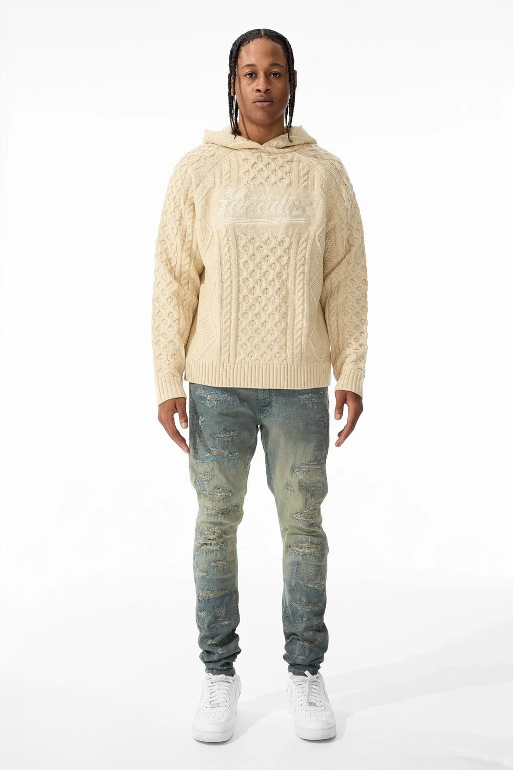 Cable Knit Hooded Sweater (Cream) - Image 4