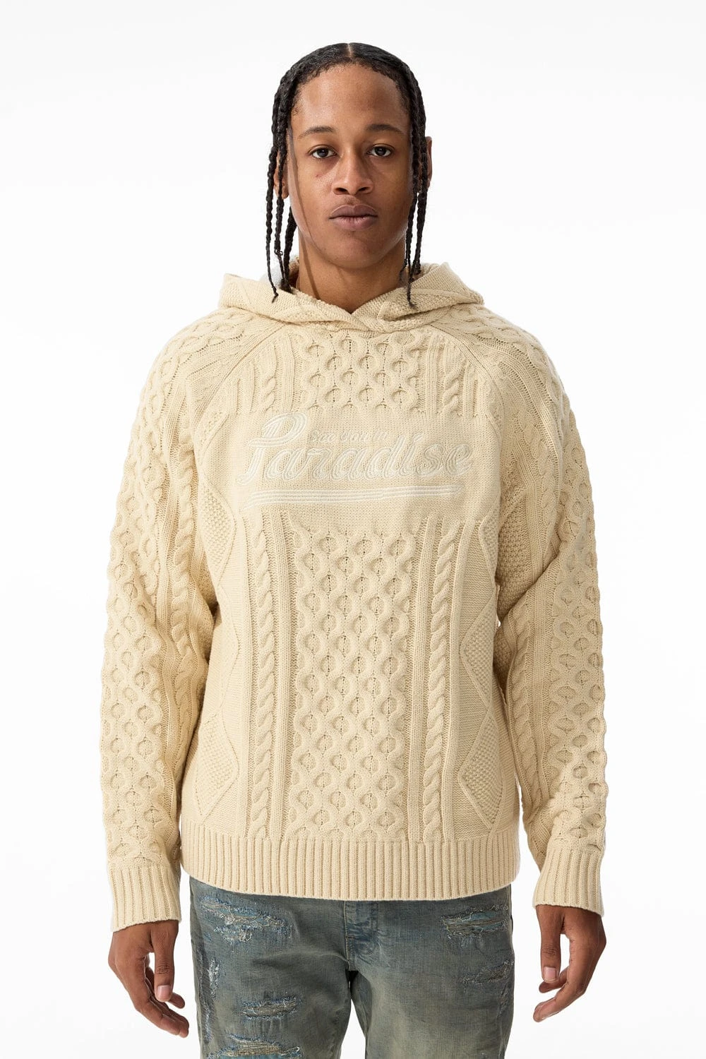 Cable Knit Hooded Sweater (Cream) - Image 5