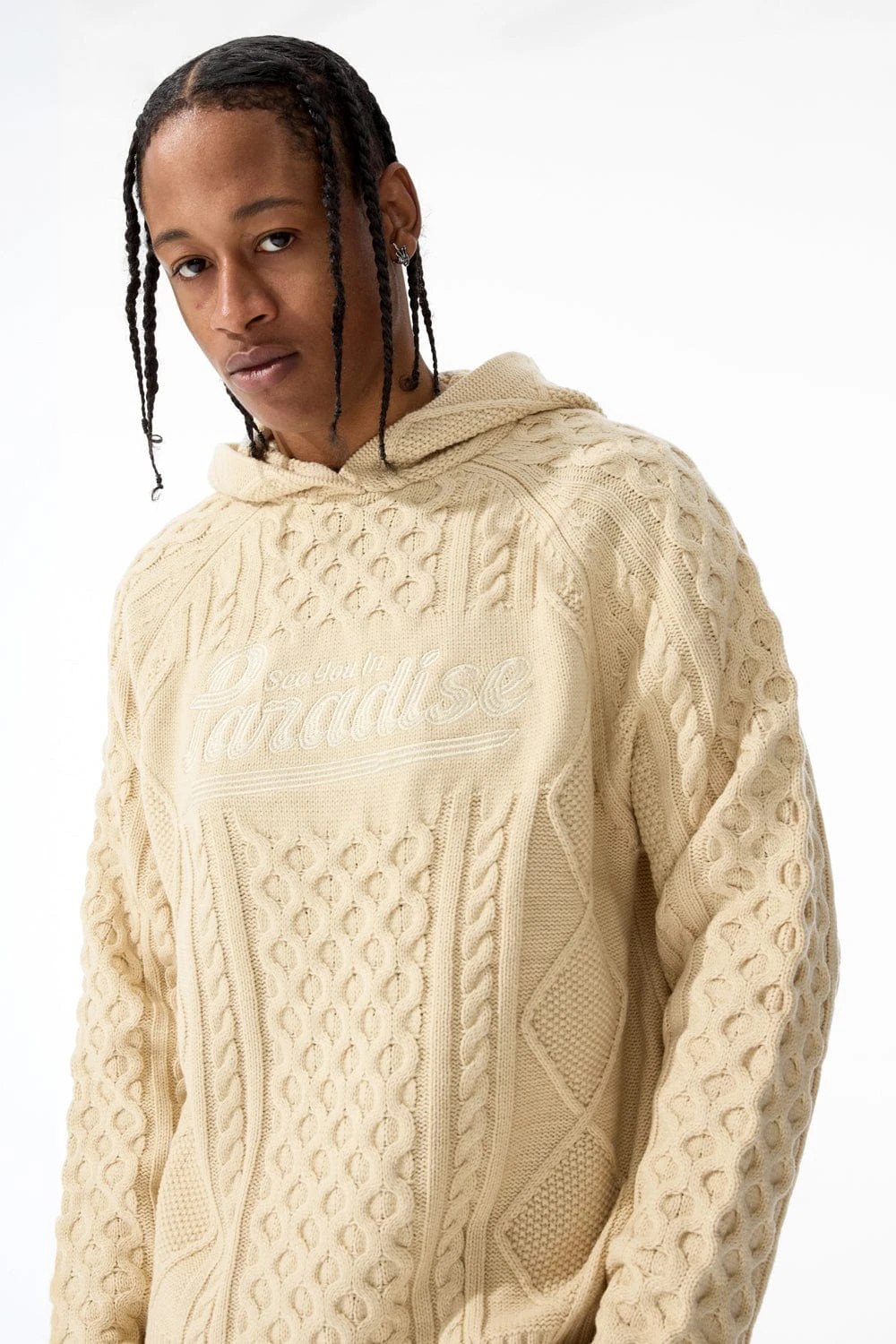 Cable Knit Hooded Sweater (Cream) - Image 2